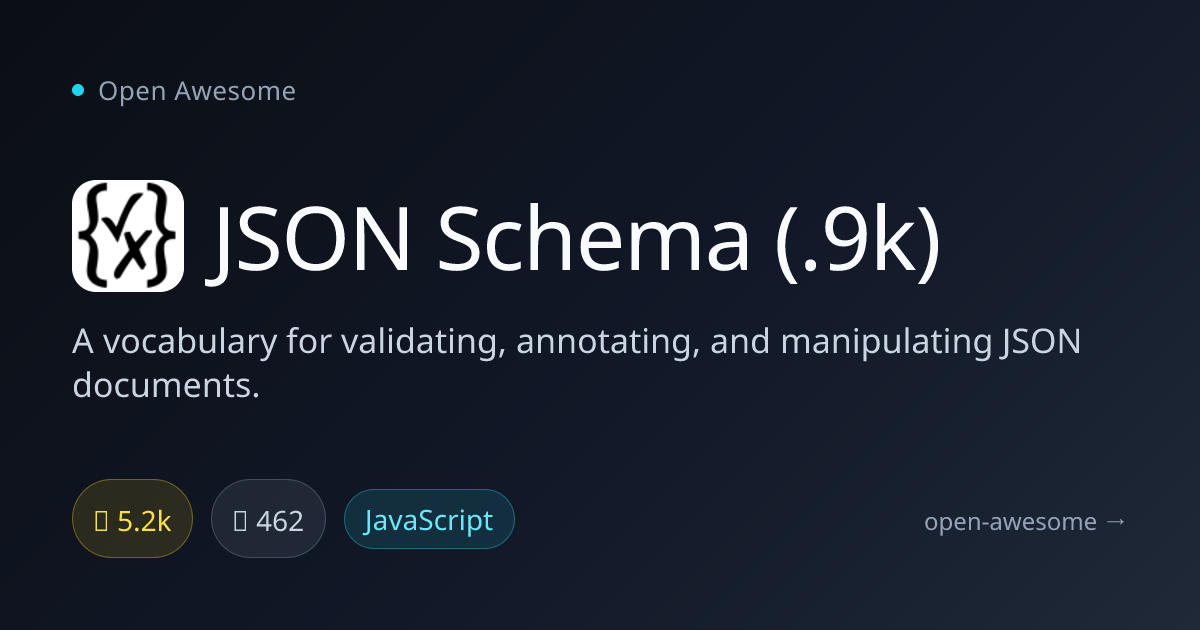JSON Schema (.9k) — JSON Validation & Annotation Vocabulary | Open Awesome