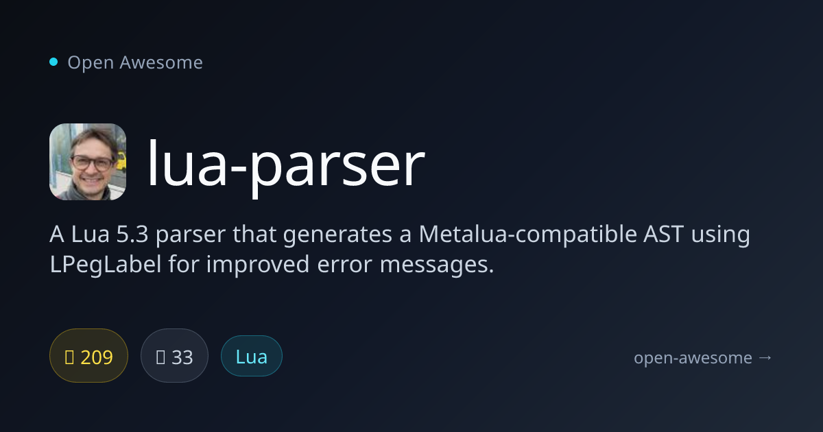 lua-parser — Lua 5.3 Parser with LPegLabel | Open Awesome